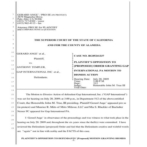 Opposition To Proposed Order Granting Dismissal: Gerard Ange G.A.P ...