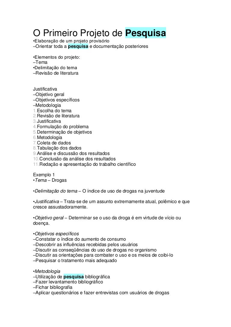 o primeiro projeto de pesquisa modelo de projeto