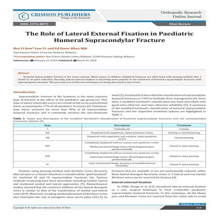 The Role of Lateral External Fixation in Paediatric Humeral Supracondylar Fra...
