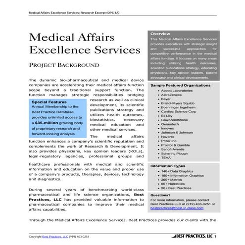Medical Affairs Excellence Services Summary