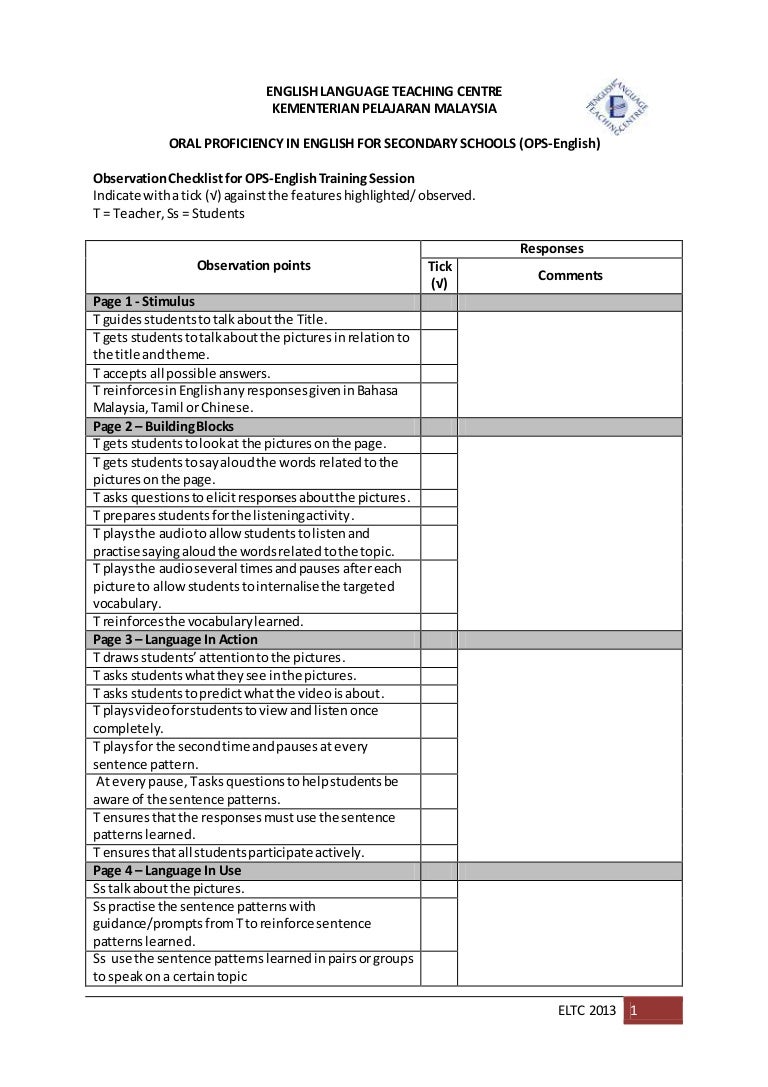 Observation checklist for assessment picture