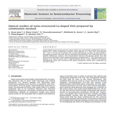 Optical studies of nano structured la-doped zn o prepared by combustion method