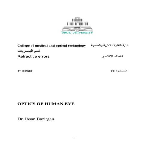 Optics of human eye By Dr.Ihsan Ali BAZIRGAN