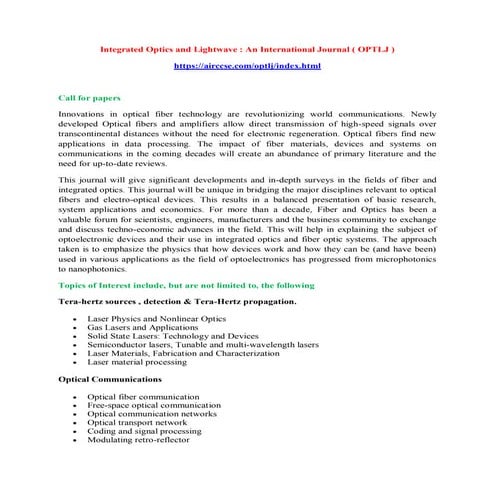 Integrated Optics and Lightwave : An International Journal ( OPTLJ ) | PDF