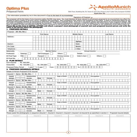 Apollo Munich Optima Plus Proposal Form