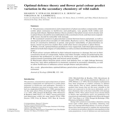 Optimal Defence Theory And Secondary Chemistry