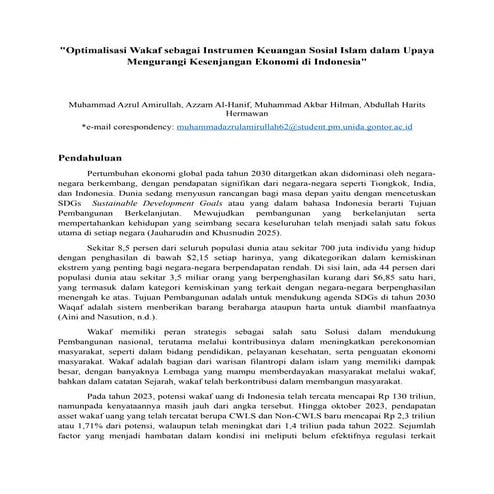 Optimalisasi Wakaf sebagai Instrumen Keuangan Sosial Islam dalam Upaya Mengur...