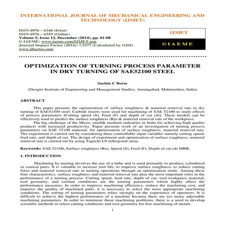 OPTIMIZATION OF TURNING PROCESS PARAMETER IN DRY TURNING OF SAE52100 STEEL