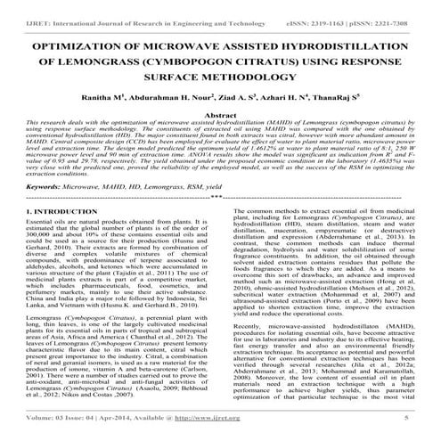 Optimization of microwave assisted hydrodistillation of lemongrass (cymbopogo...