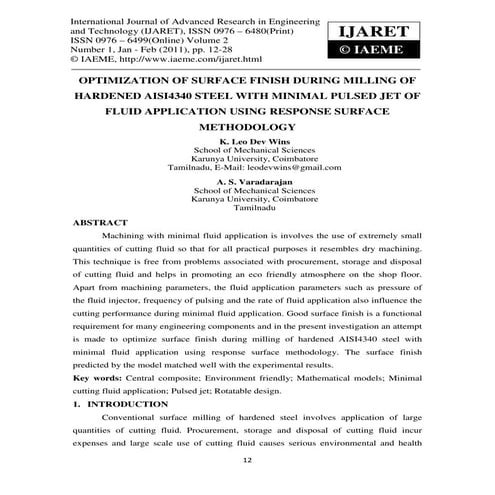Optimization of surface finish during milling of hardened aisi4340 steel with...