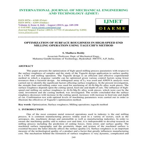 Optimization of surface roughness in  high speed end milling operation using