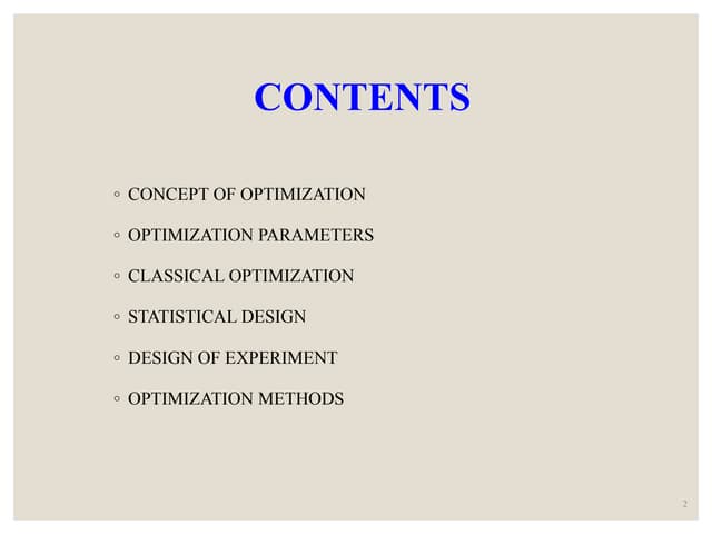 OPTIMIZATION TECHNIQUES IN PHARMACEUTICAL SCIENCES