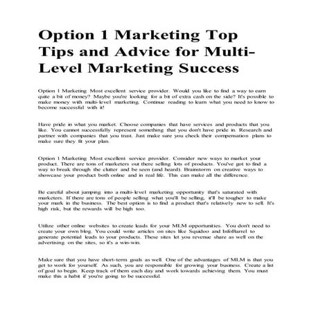 Option 1 marketing top tips and advice for multi level marketing success