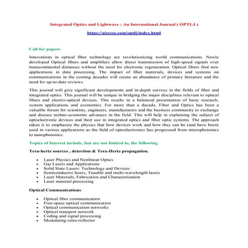 Integrated Optics and Lightwave : An International Journal ( OPTLJ ) | PDF