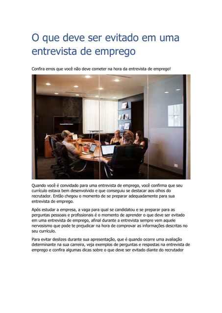 O que deve ser evitado em uma entrevista de emprego | PDF
