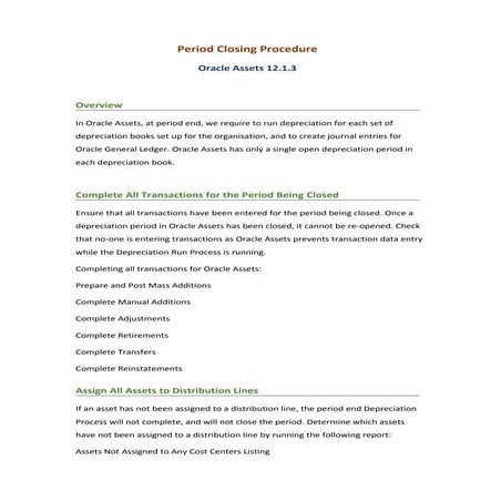 Oracle Assets Period Closing