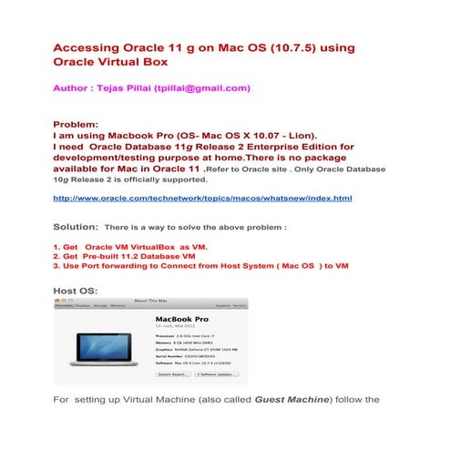 Accessing Oracle 11 g on Mac OS (10.7.5) using Oracle Virtual Box 