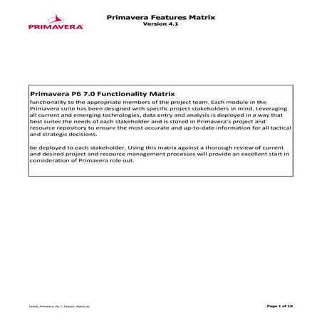 Primavera P6 7.0 Functionality Matrix