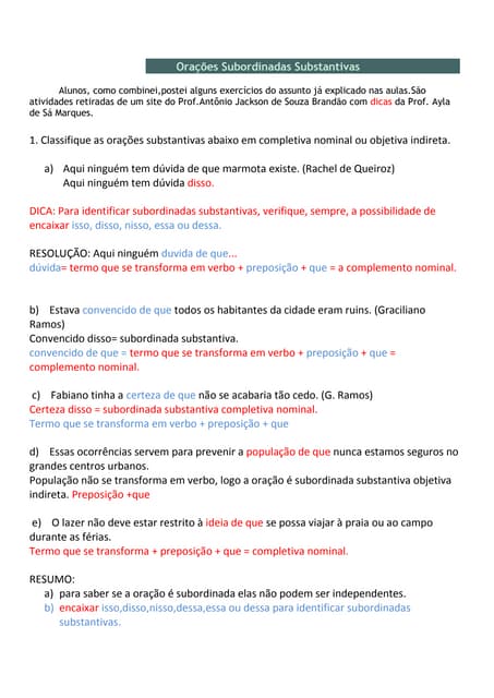 Orações subordinadas substantivas dicas