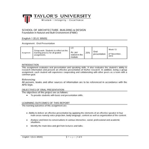 ENGLISH 1- Oral presentation assignment | DOC
