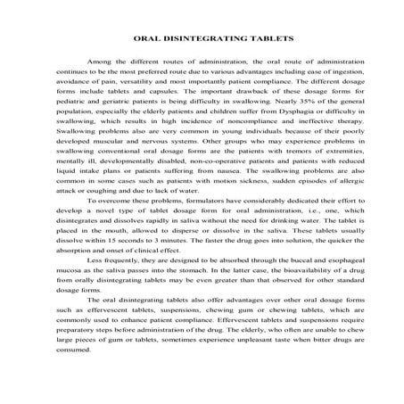 ORAL DISINTEGRATING TABLETS INTRODUCTION ADVANTAGES AND DISADVANTAGES