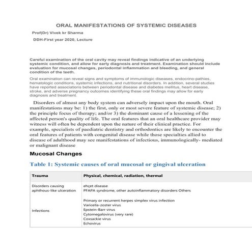 Oral manifestation of systemic disease | PDF