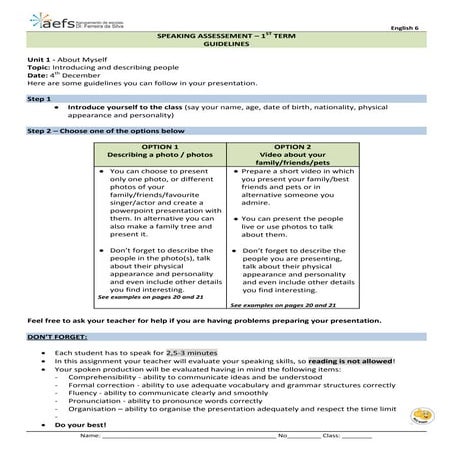 Oral presentation guidelines 1st term 6 grade | PDF