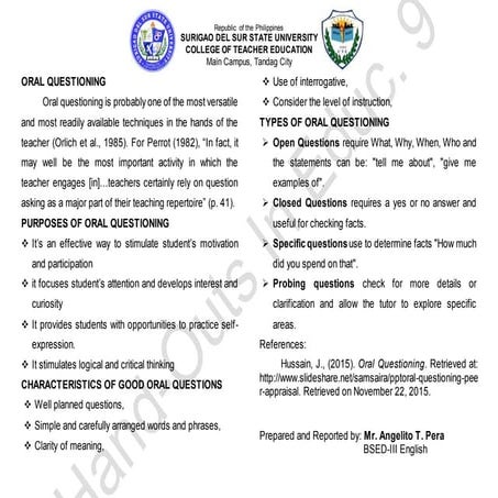 Oral questioning  hand-outs