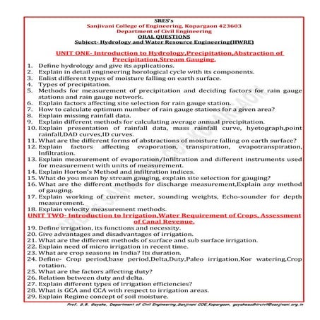 Oral questions for hydrology and water resource engineering