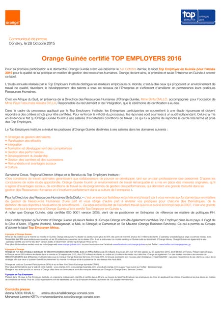 Orange Guinée certifié TOP EMPLOYERS 2016