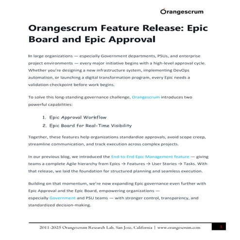 Orangescrum Feature Release Epic Board and Epic Approval