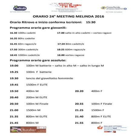 Orario gare aggiornato MeetingMelinda 2016