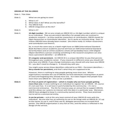 ORCID Open research and Contributor IDs at The Open University 2022 - Script