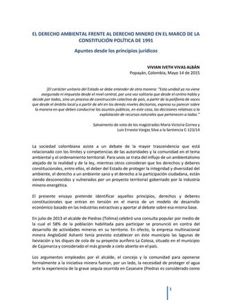 El derecho ambiental frenta al derecho minero en el marco de la Constitución ...