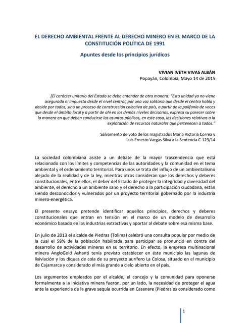 El derecho ambiental frenta al derecho minero en el marco de la Constitución ...