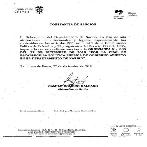 Ordenanza 035  Política Pública de Gobierno Abierto de Nariño