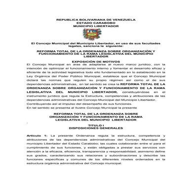 Ordenanza de organizacion y funcionamineto de la rama legislativa del municpi...
