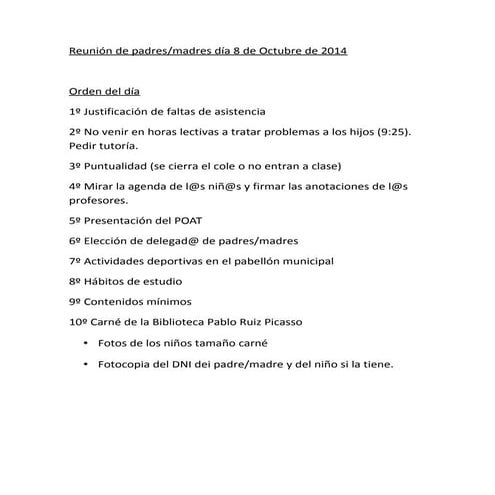 Orden del día de la reunión de padres
