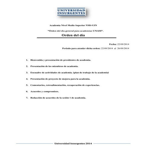 Orden del día sesión 1