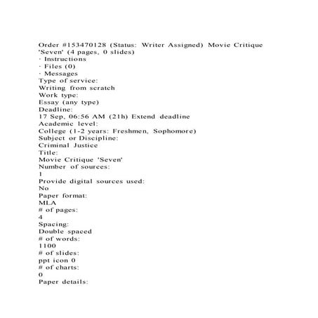 Order #153470128 (status writer assigned) movie critique seven 