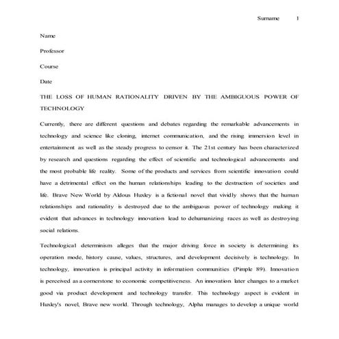 The loss of human rationality driven by the ambiguous power of technology 1. ...