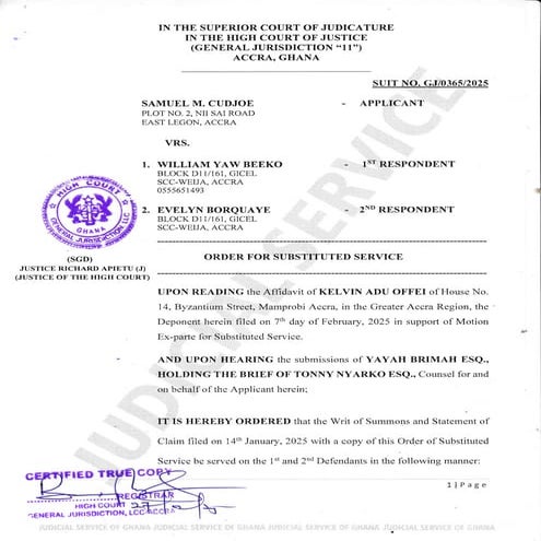 ORDER for substituted service - Samuel M. Codjoe vrs William Y. Beeko & Evely...