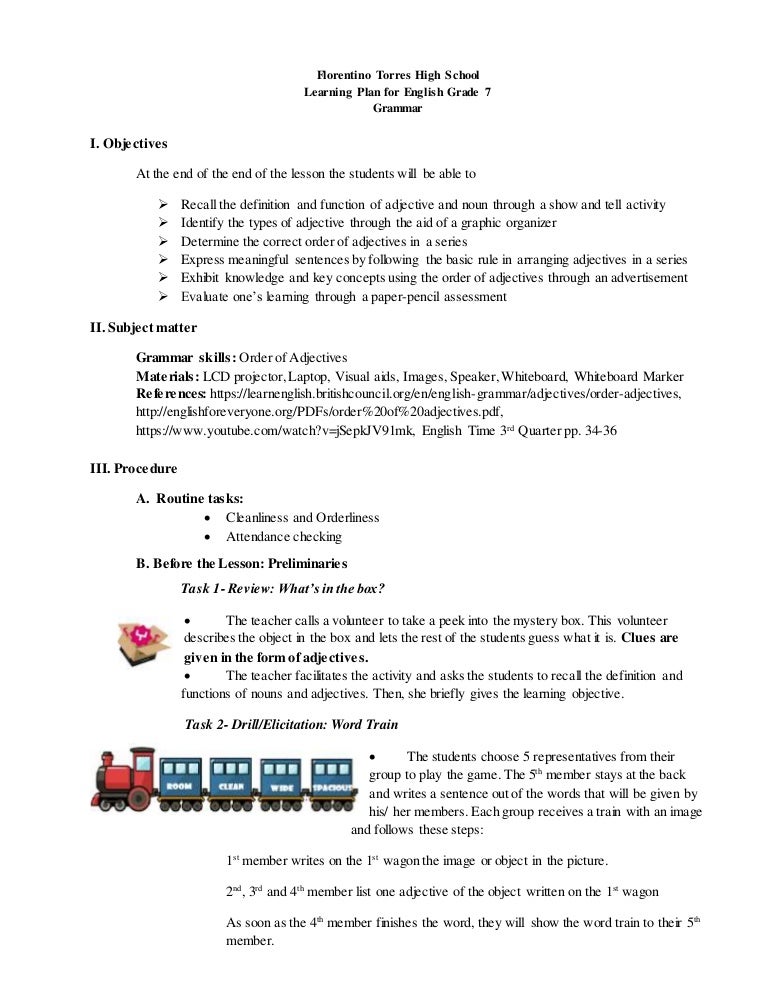 the order of adjectives demonstartion plan