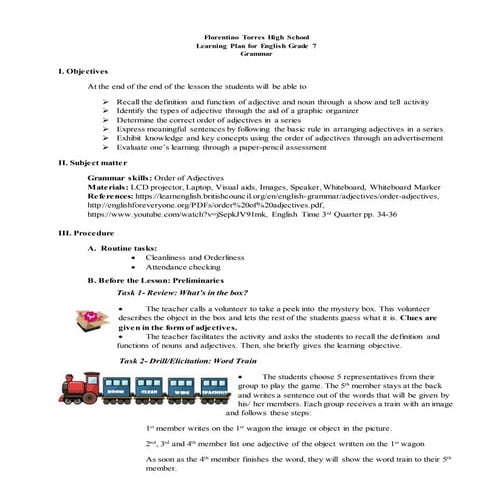 THE ORDER OF ADJECTIVES DEMONSTARTION PLAN