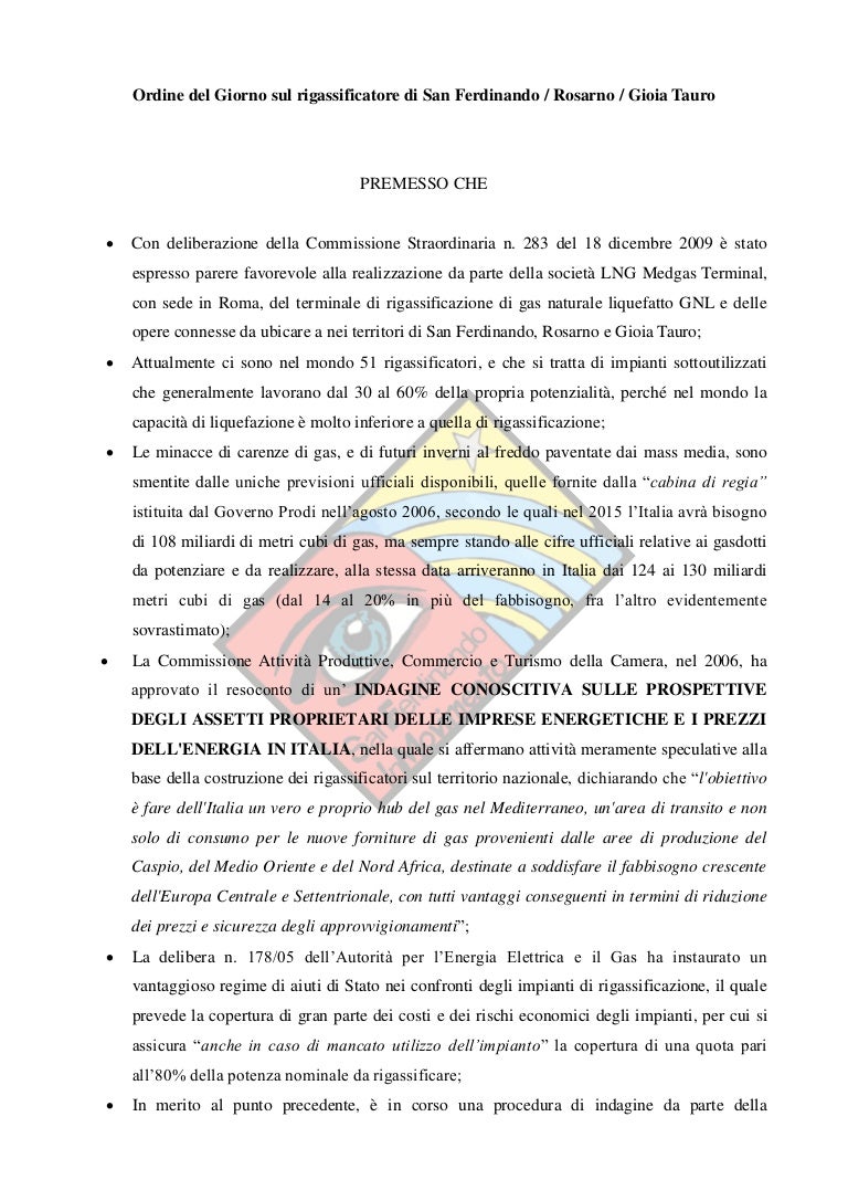 Ordine del giorno proposto contro il rigassificatore (Rosarno) Ordine del giorno proposto contro il rigassificatore (Rosarno)