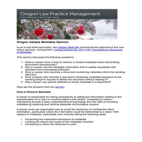 Oregon Adopts Metadata Opinion