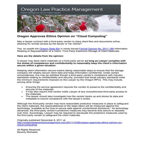 Oregon Approves Ethics Opinion on Cloud Computing