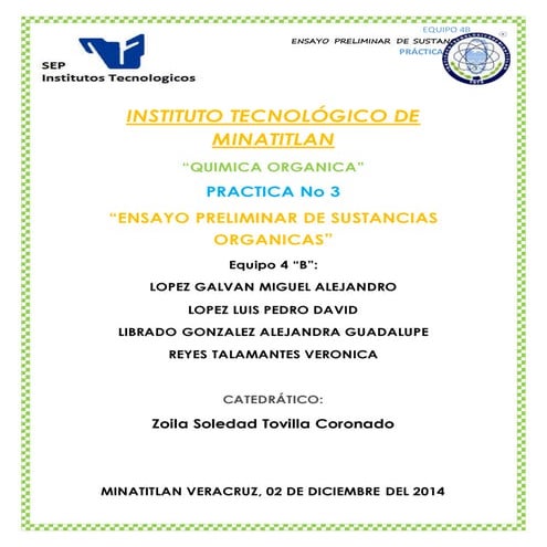 Organica 1 practica 3 ensayo de muestras preliminares