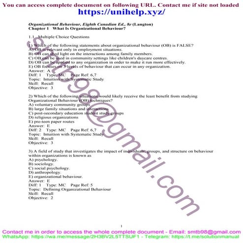 Chapter-by-Chapter Question Bank: Organizational Behaviour 8th Canadian Editi...