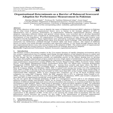 Organizational determinants as a barrier of balanced scorecard adoption for p...